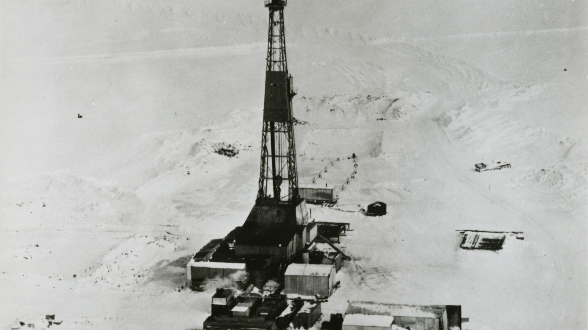 Historical photo of the prudhoe bay discovery well.