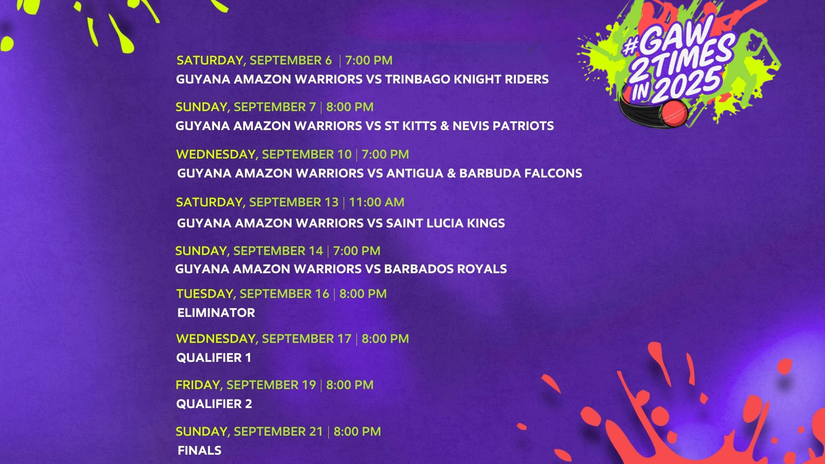 Guyana Amazon Warriors 2025 schedule of play