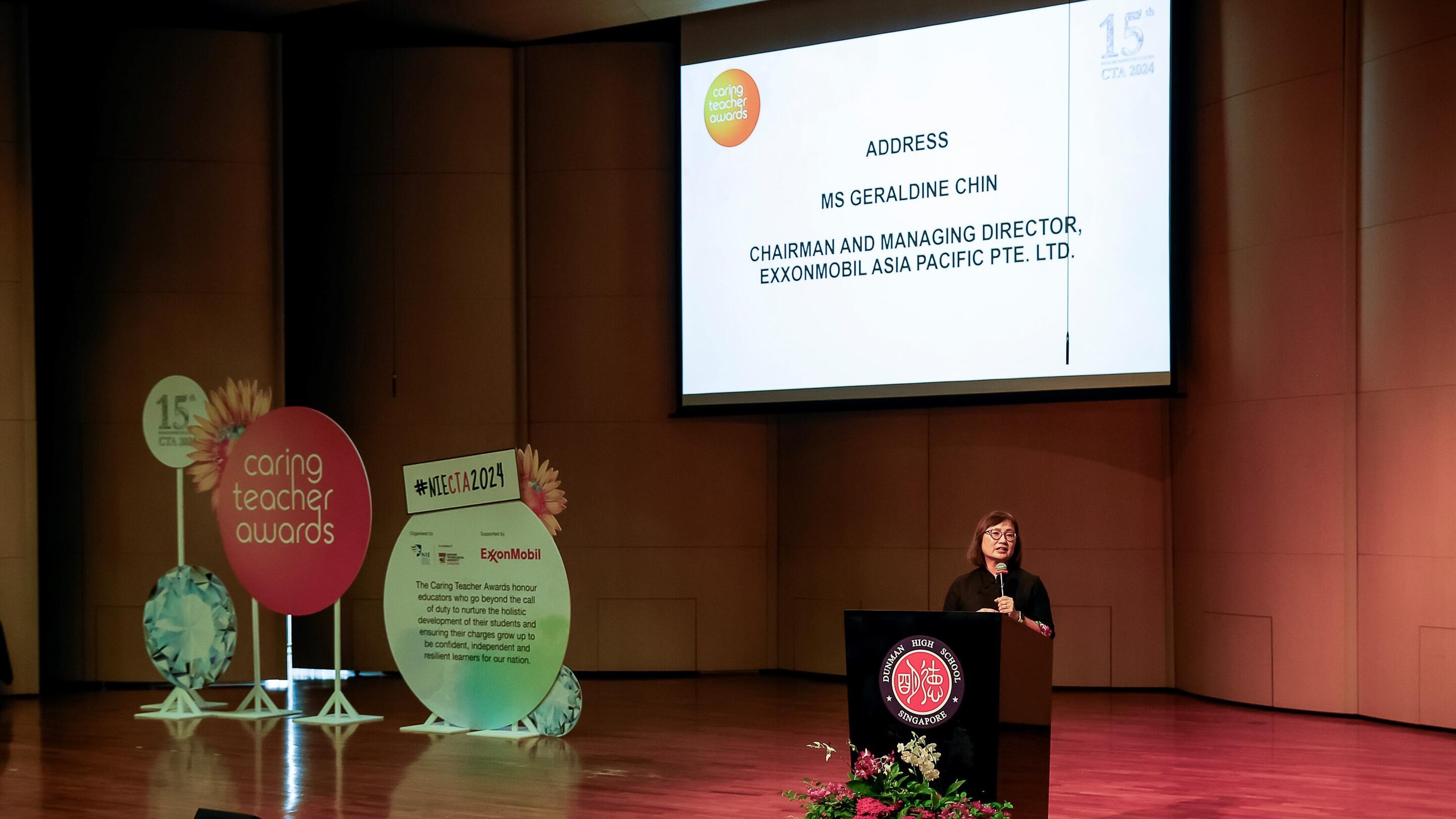 Geraldine Chin, Chairman and Managing Director, ExxonMobil Asia Pacific Pte Ltd. presenting at 2024 Caring Teachers award ceremony