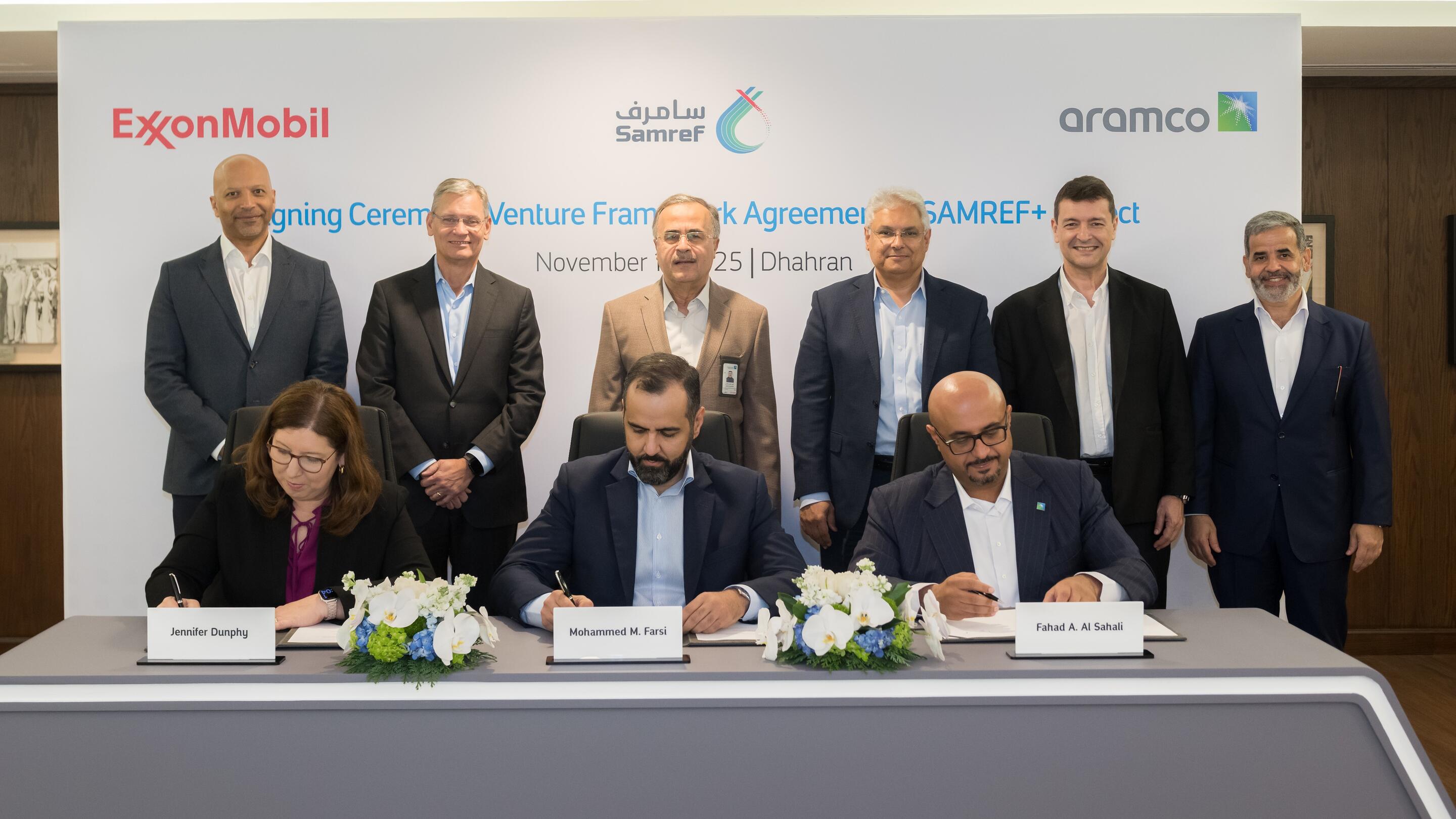 ExxonMobil, Aramco and Samref signing the Venture Framework Agreement