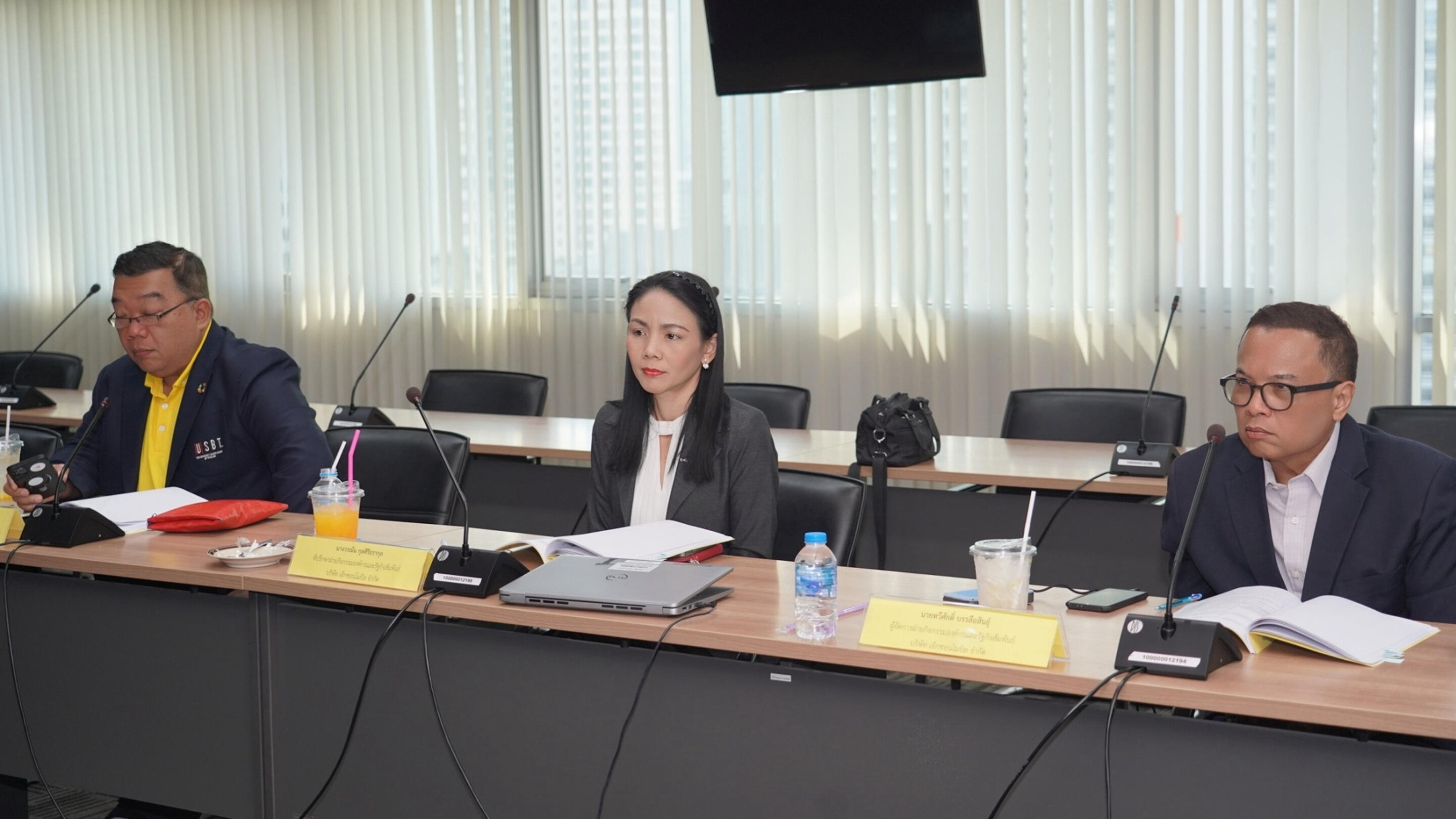 three business people participating on a panel / board