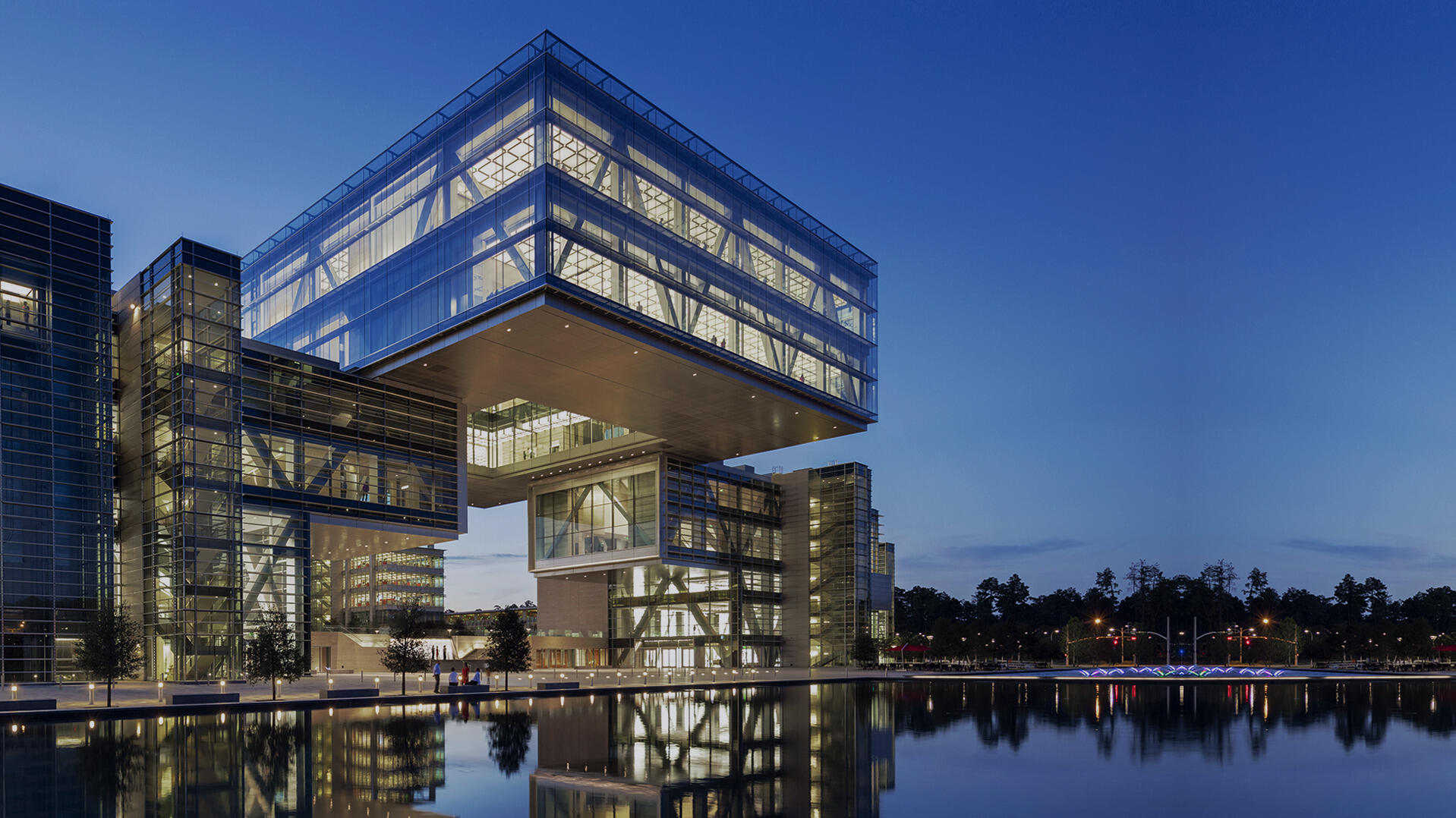 Houston campus Energy Center cube in the evening