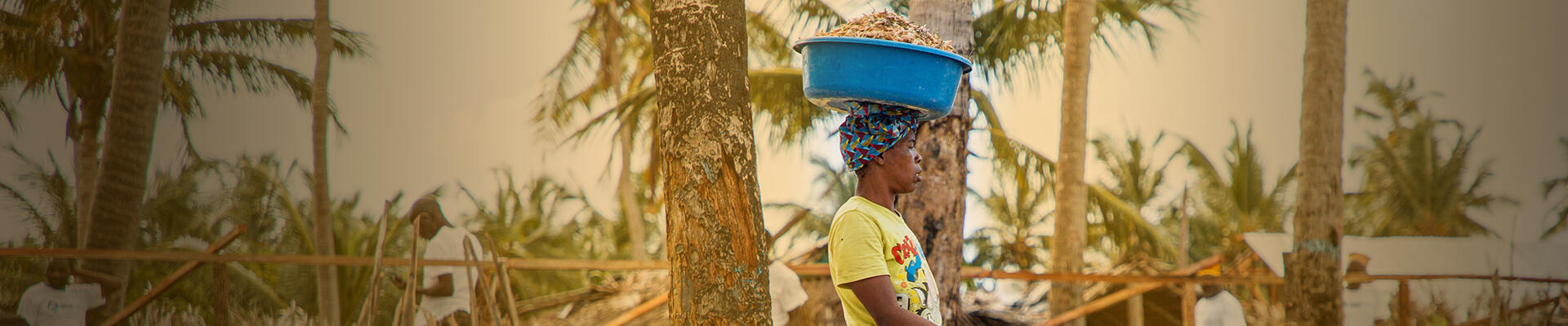 woman carrying basket of fish on head walking through village