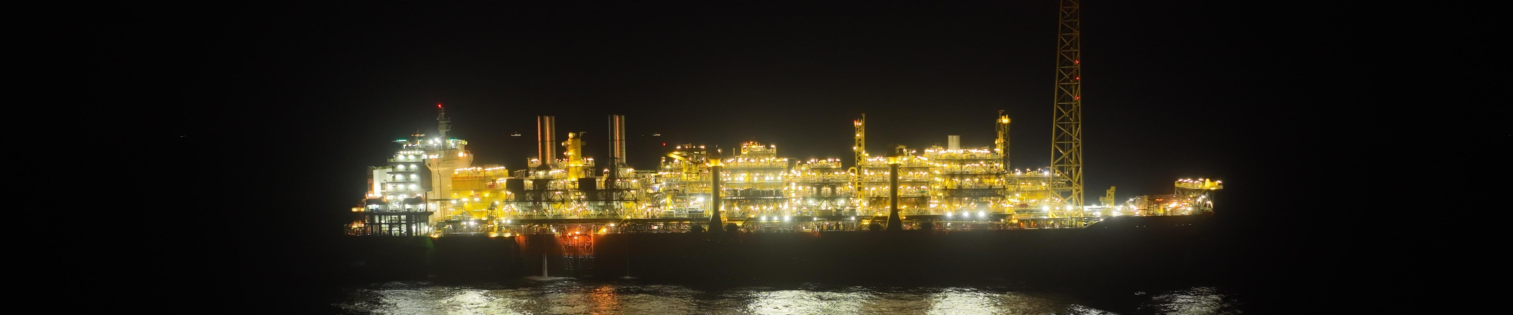Liza Unity floating production and storage offloading vessel, night-time
