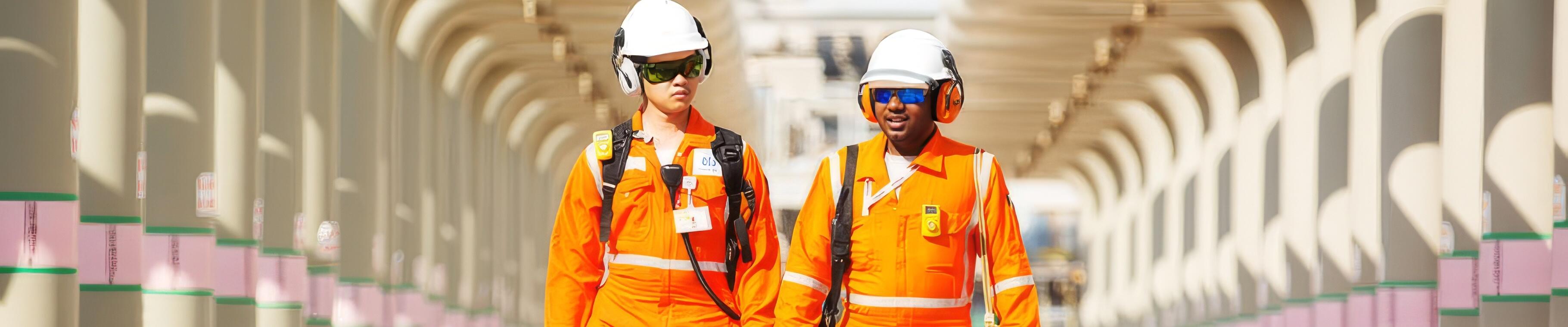 Two workers dressed in bright orange protective coveralls walking side by side in an industrial facility. They are wearing white helmets, gloves, and ear protection, and each carries a backpack.