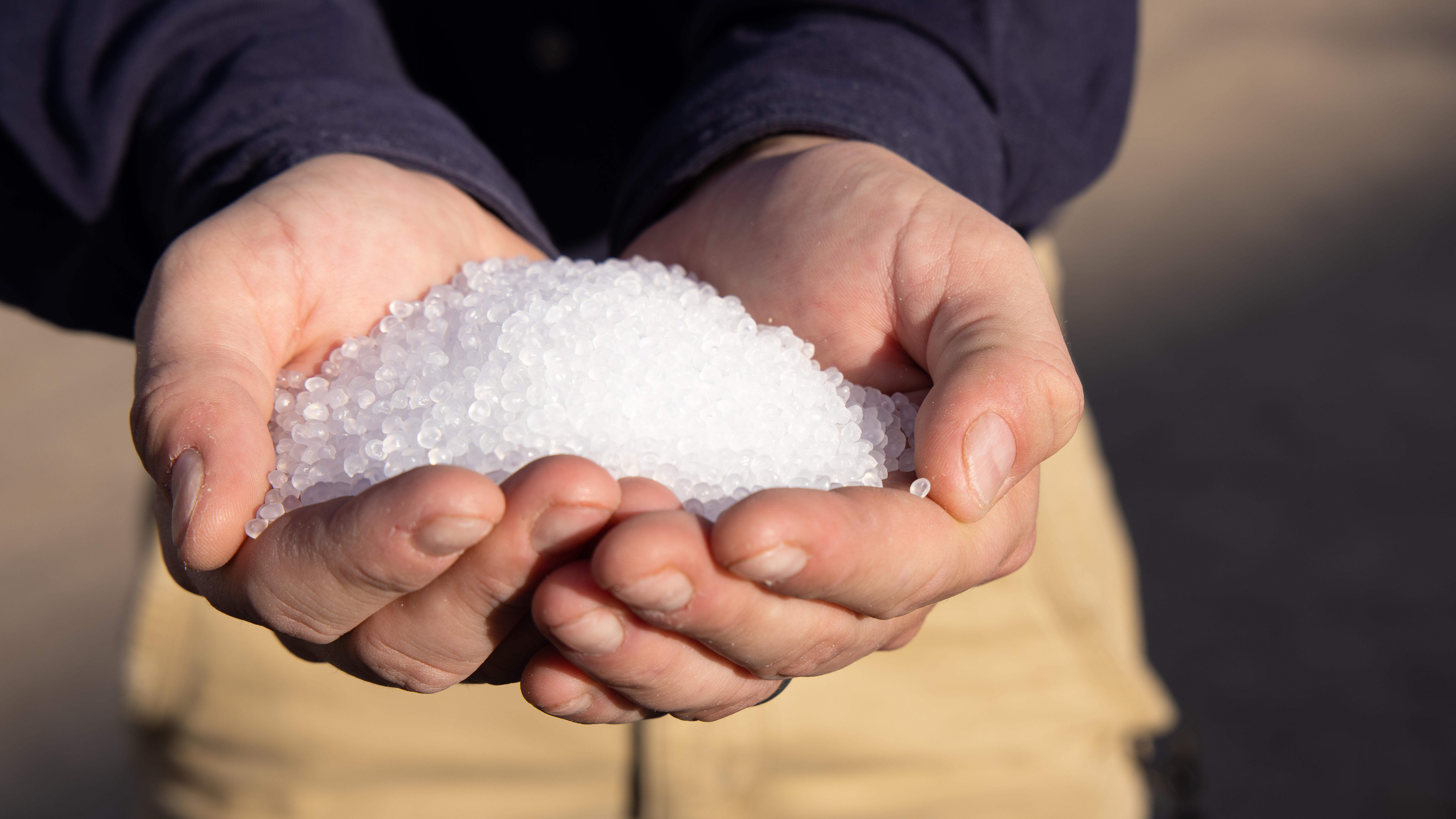 A person holding a handful of white plastic pellets.