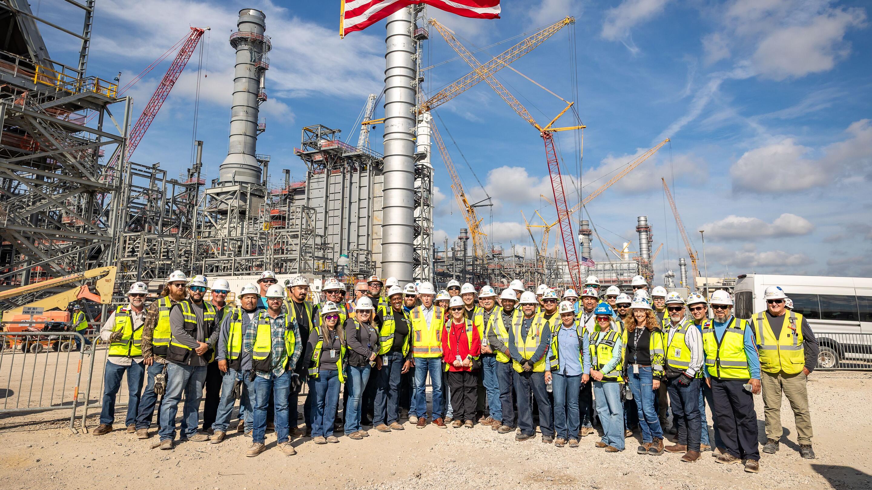 DOE Secretary Chris Wright tours Golden Pass LNG terminal with a group of workers