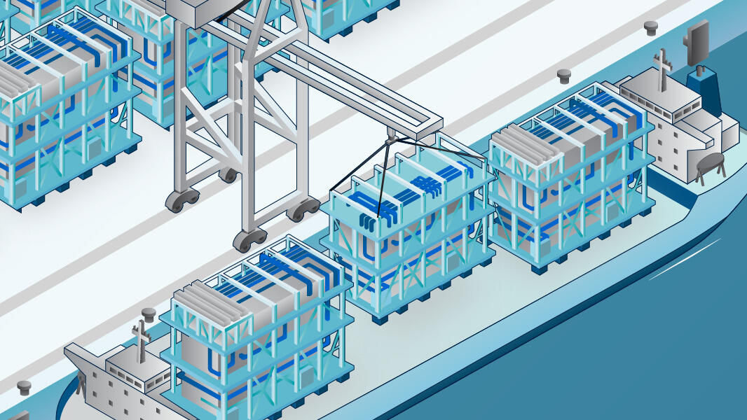 illustration of industrial components being loaded on to a ship in port