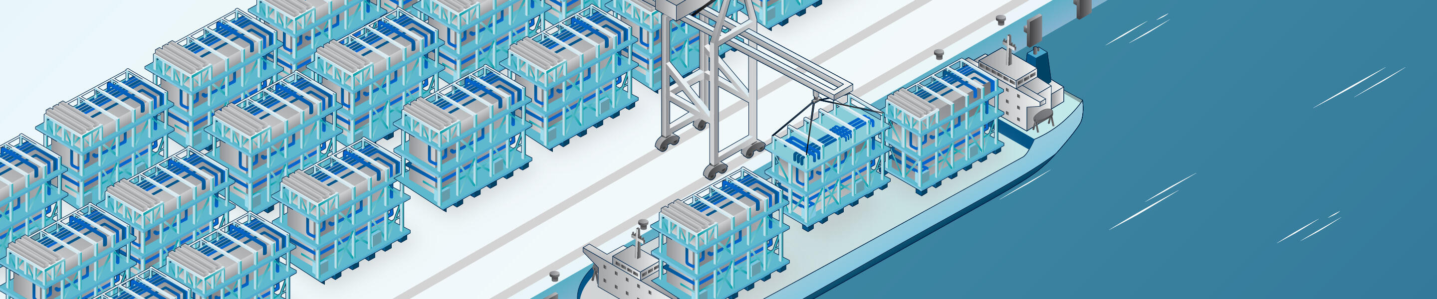 illustration of industrial components being loaded on to a ship in port
