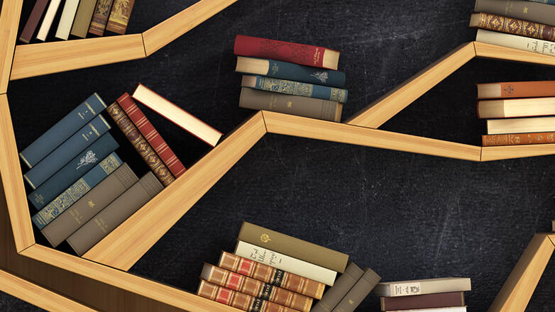books on a geometric-shaped bookshelf