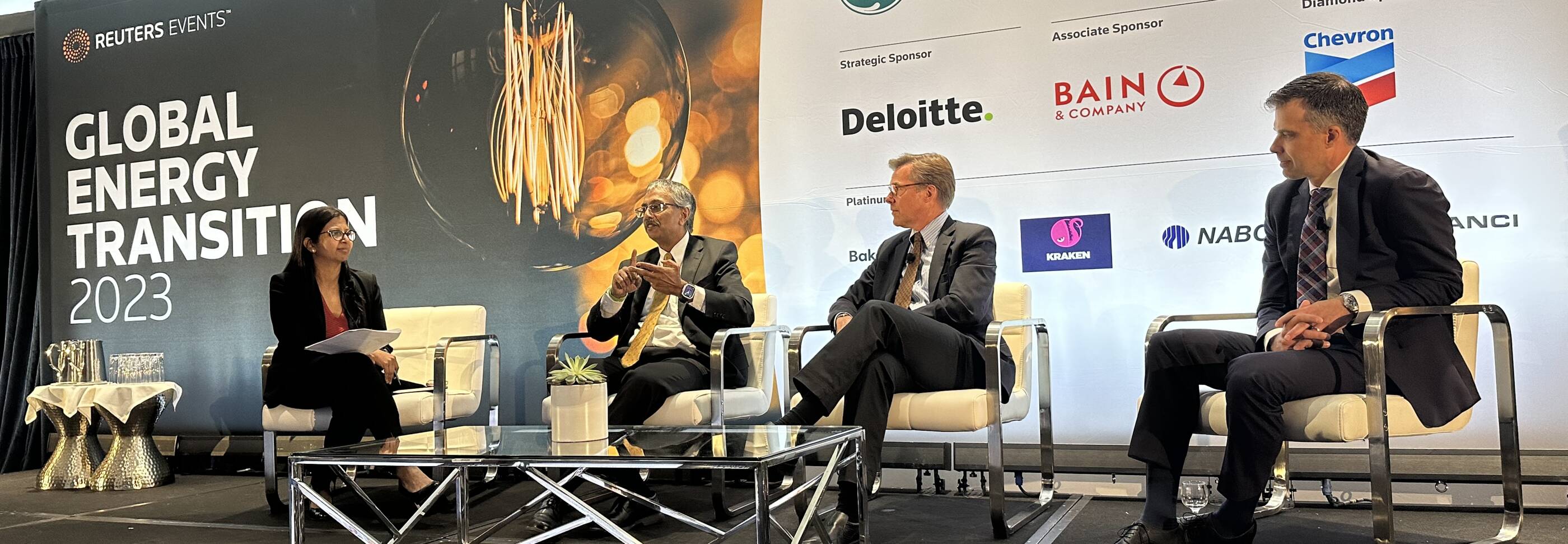 Image of Dr. Vijay Swarup, Director of Technology at ExxonMobil, speaking at the Global Energy Transition 2023 event in Houston.