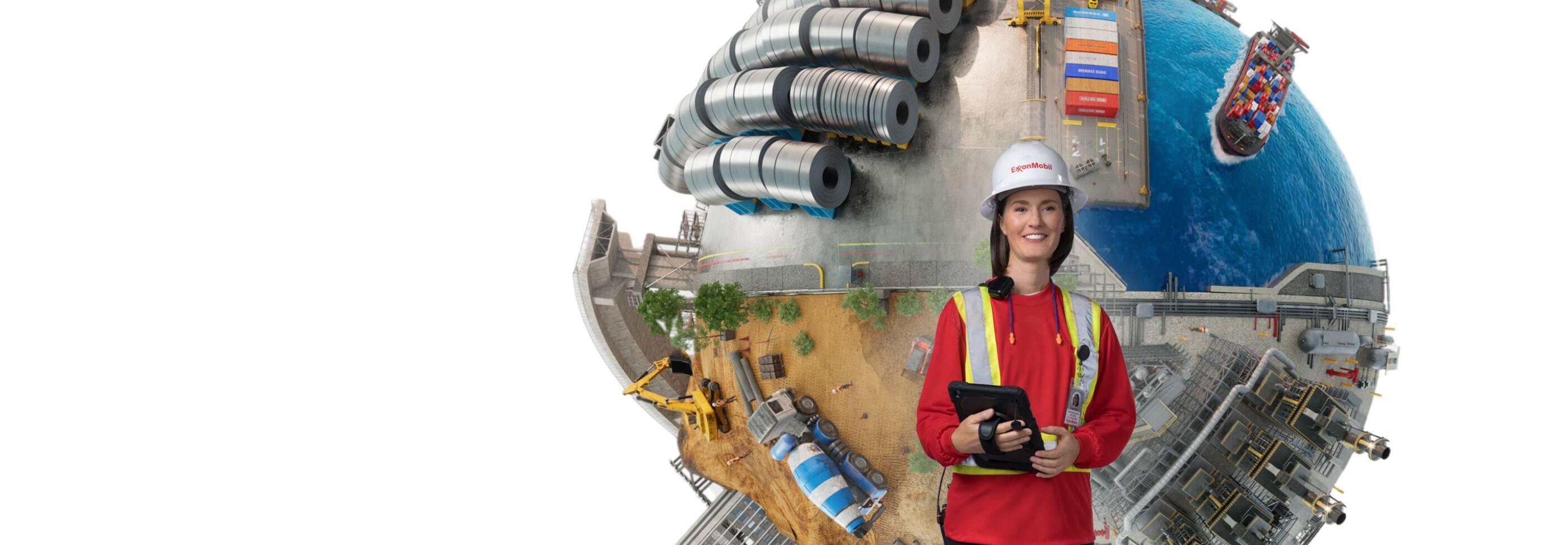 Employee wearing a hard hat and safety vest in front of world industries globe