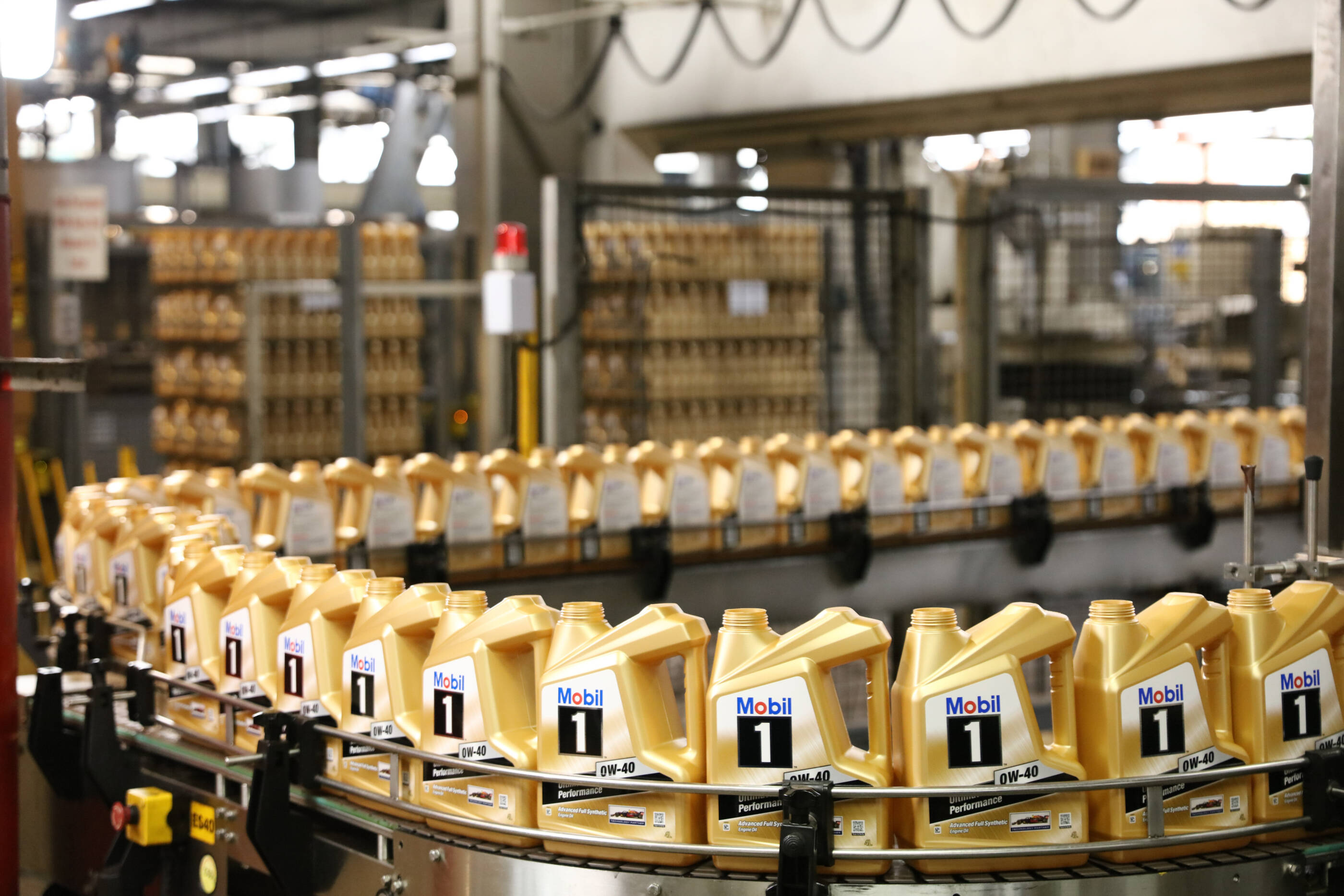 Mobil 1 bottles on conveyer