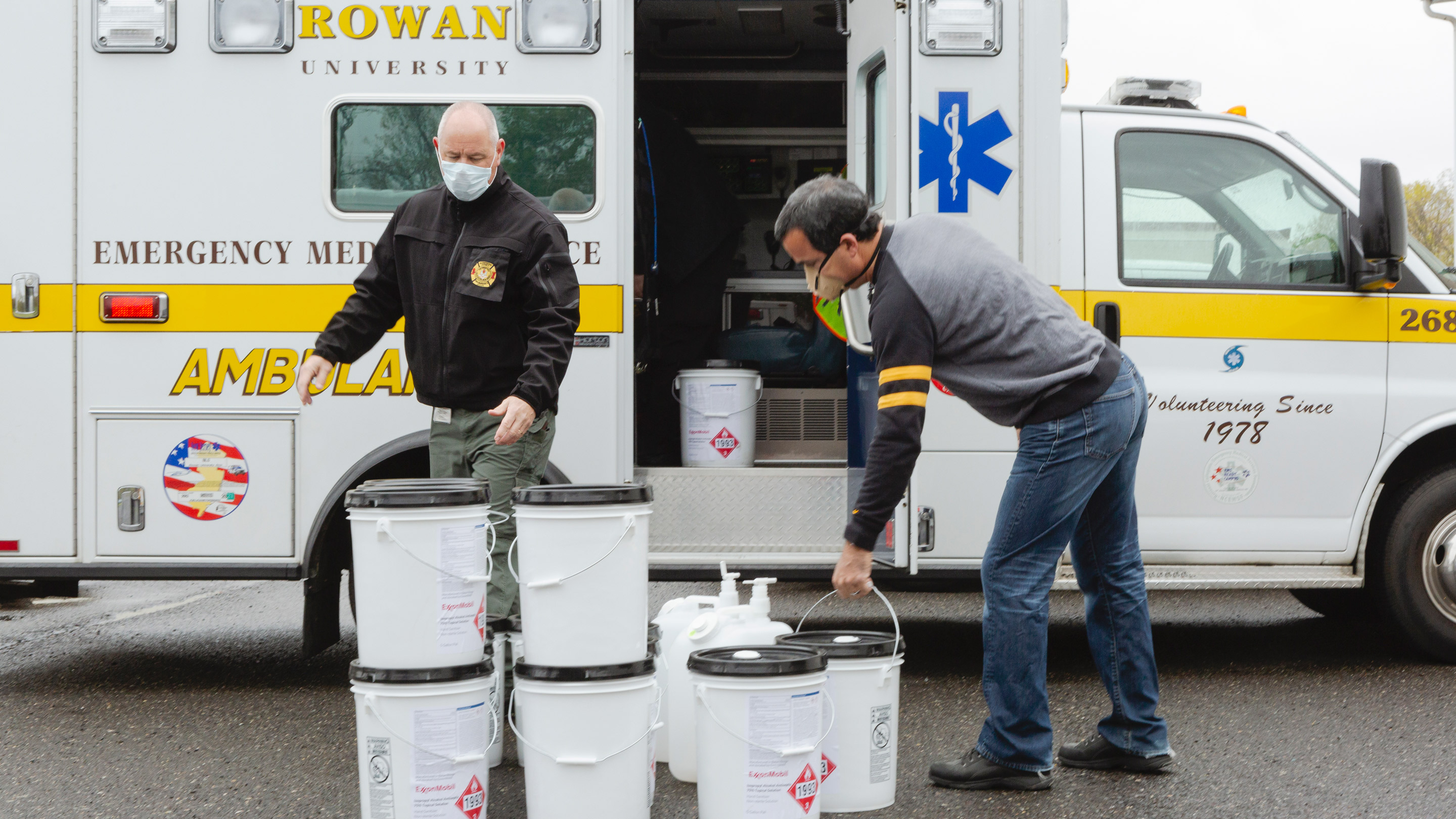 Rowan University Gloucester delivering sanitizer to frontline professionals