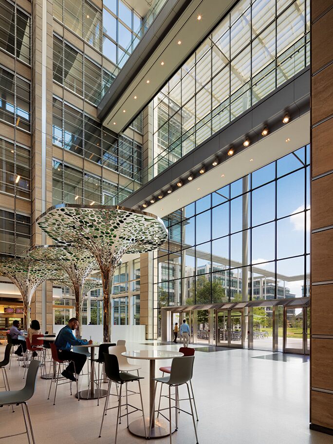 Interior photo of the Houston Campus's atrium.