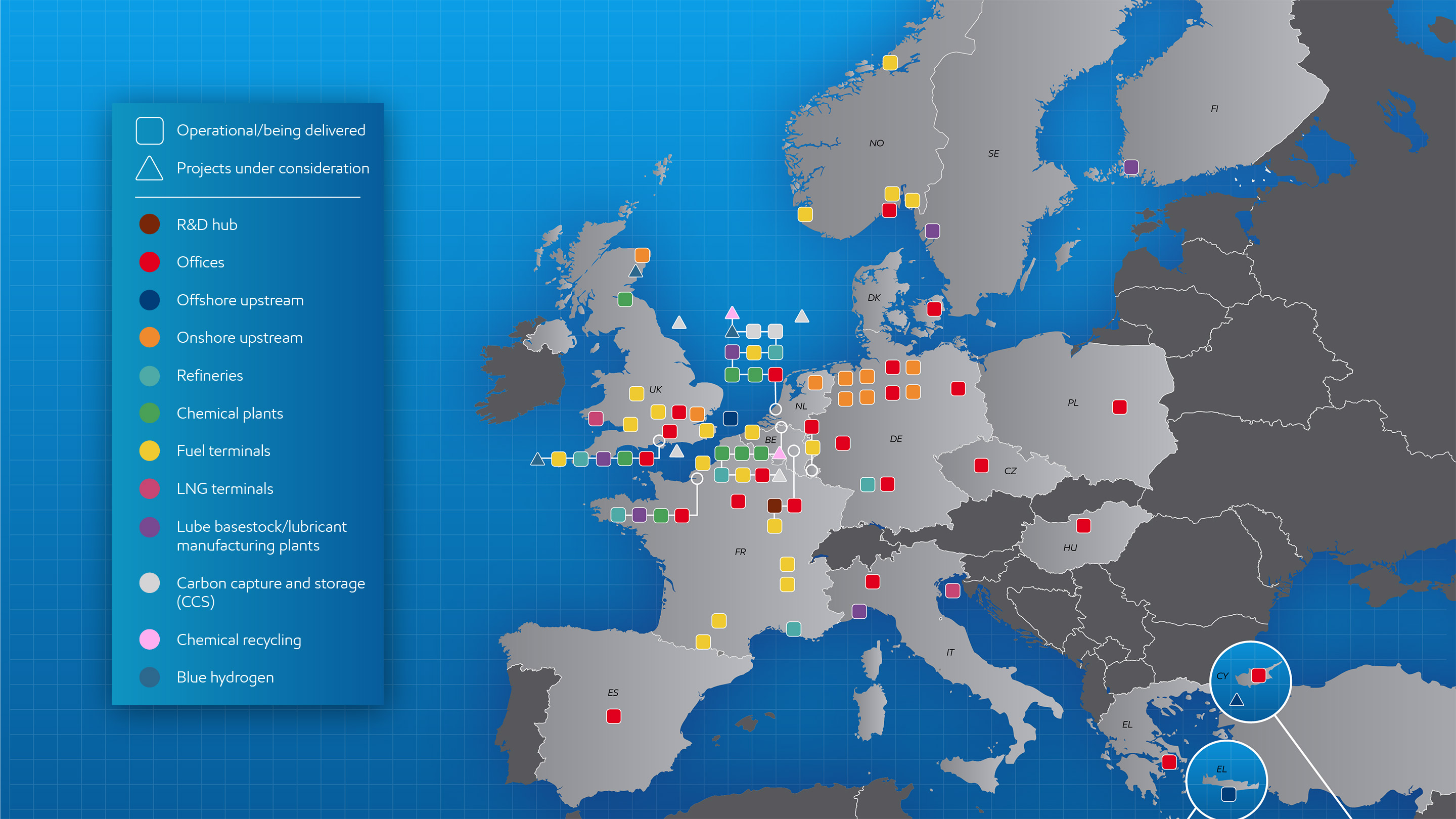 map depicting various types of business operations in the European region