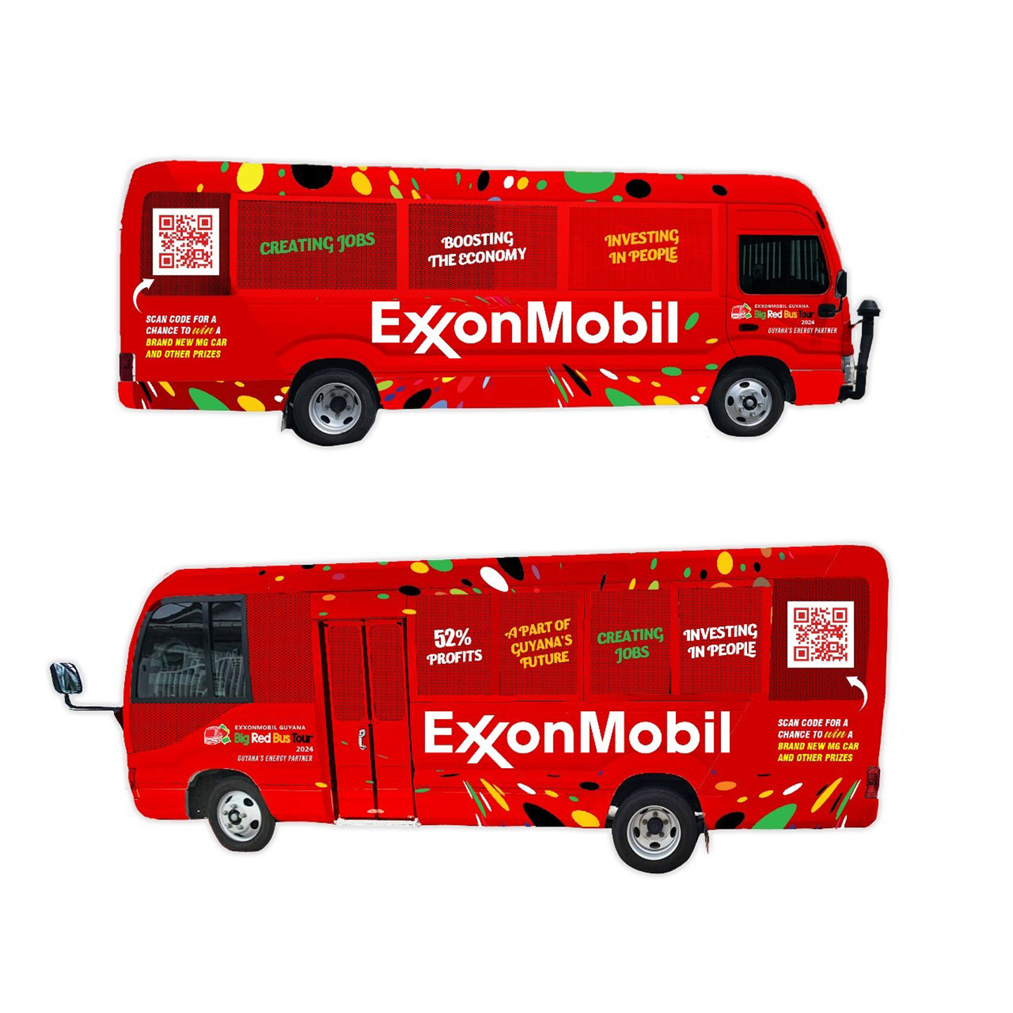illustrations of the bus for Guyana's 2024 Big Red Bus tour