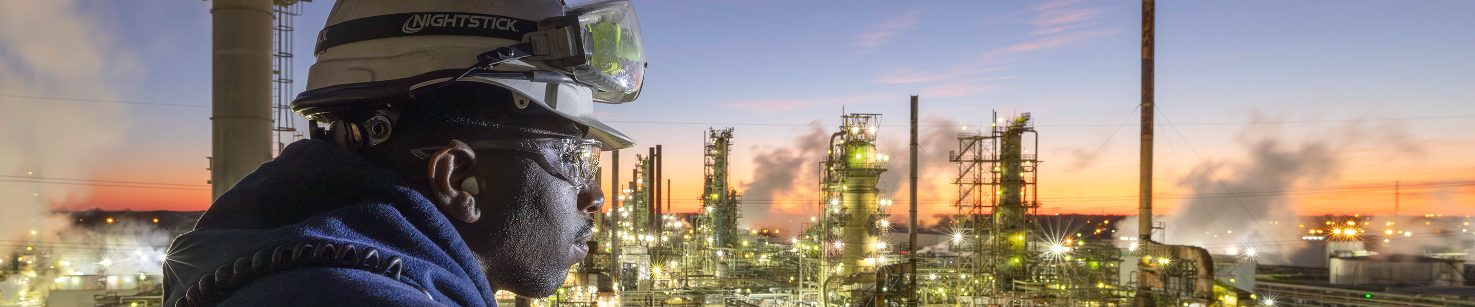 employee Antonio Patrick looking out over Baton Rouge petrochemical complex