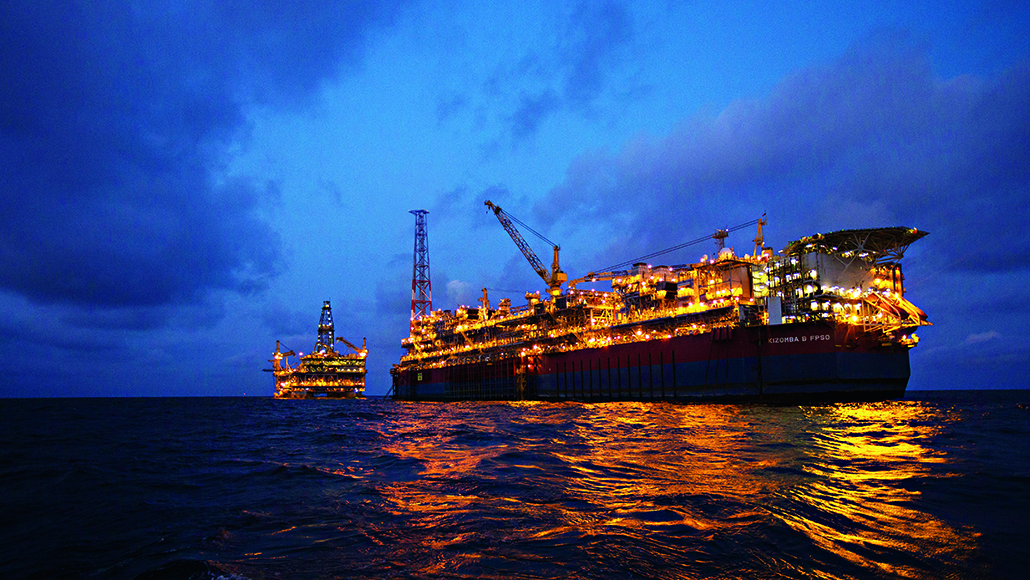 The Kizomba B FPSO and tension-leg platform at night