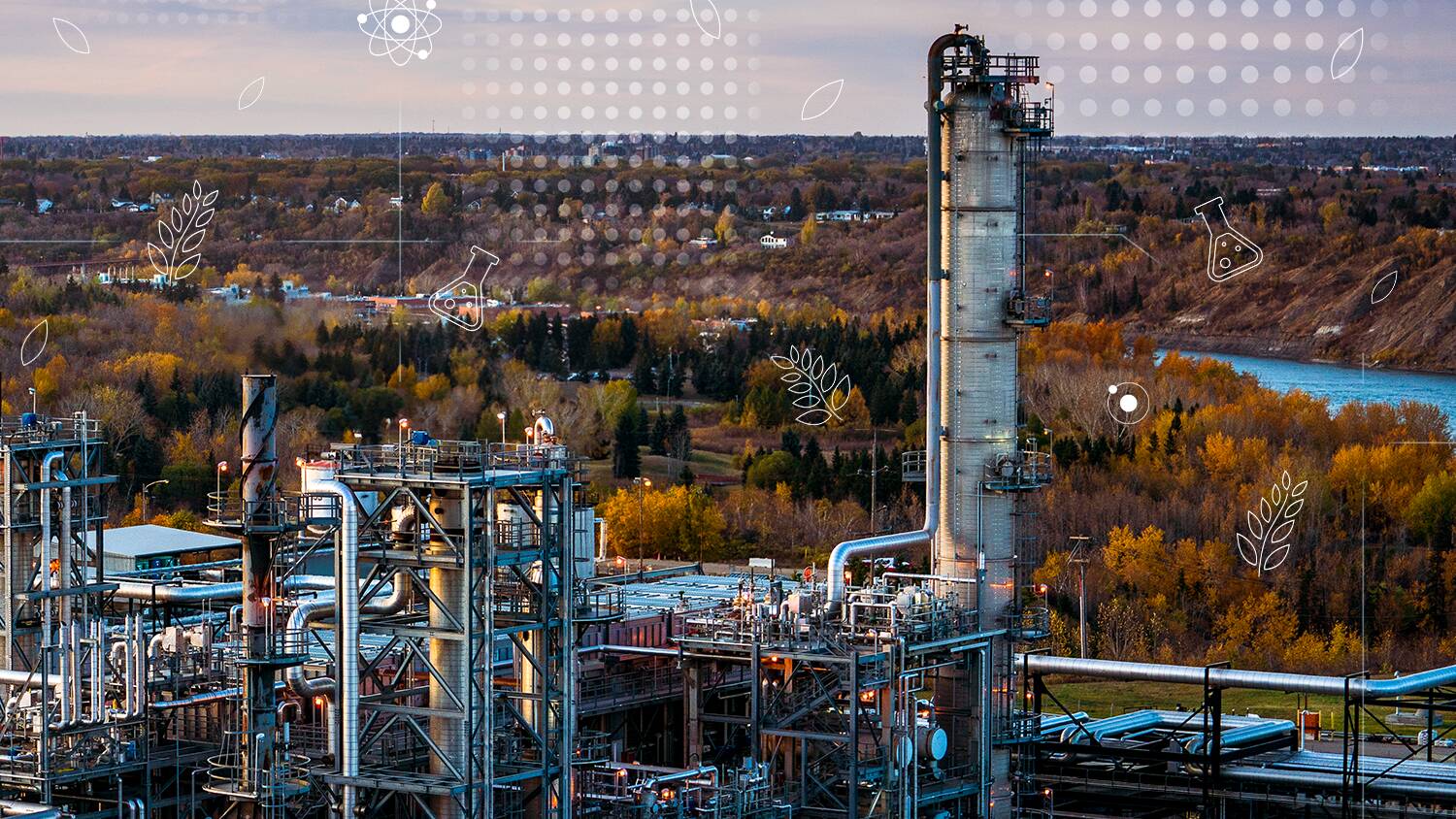 Imperial Oil’s Strathcona Refinery in Alberta, Canada surrounded by fall colored trees