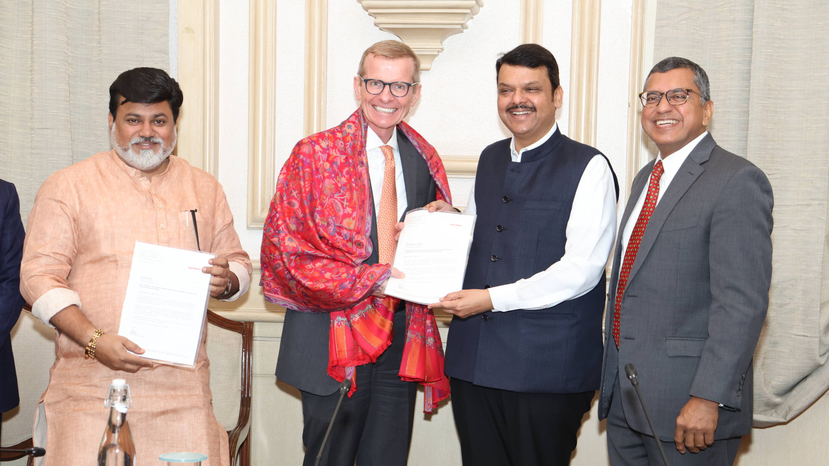 (From left to right) Industry Minister of Maharashtra Uday Samant, India LCM Monte Dobson, Deputy Chief Minister of Maharashtra Devendra Fadnavis and ExxonMobil Lubricants Pvt. Ltd CEO Vipin Rana