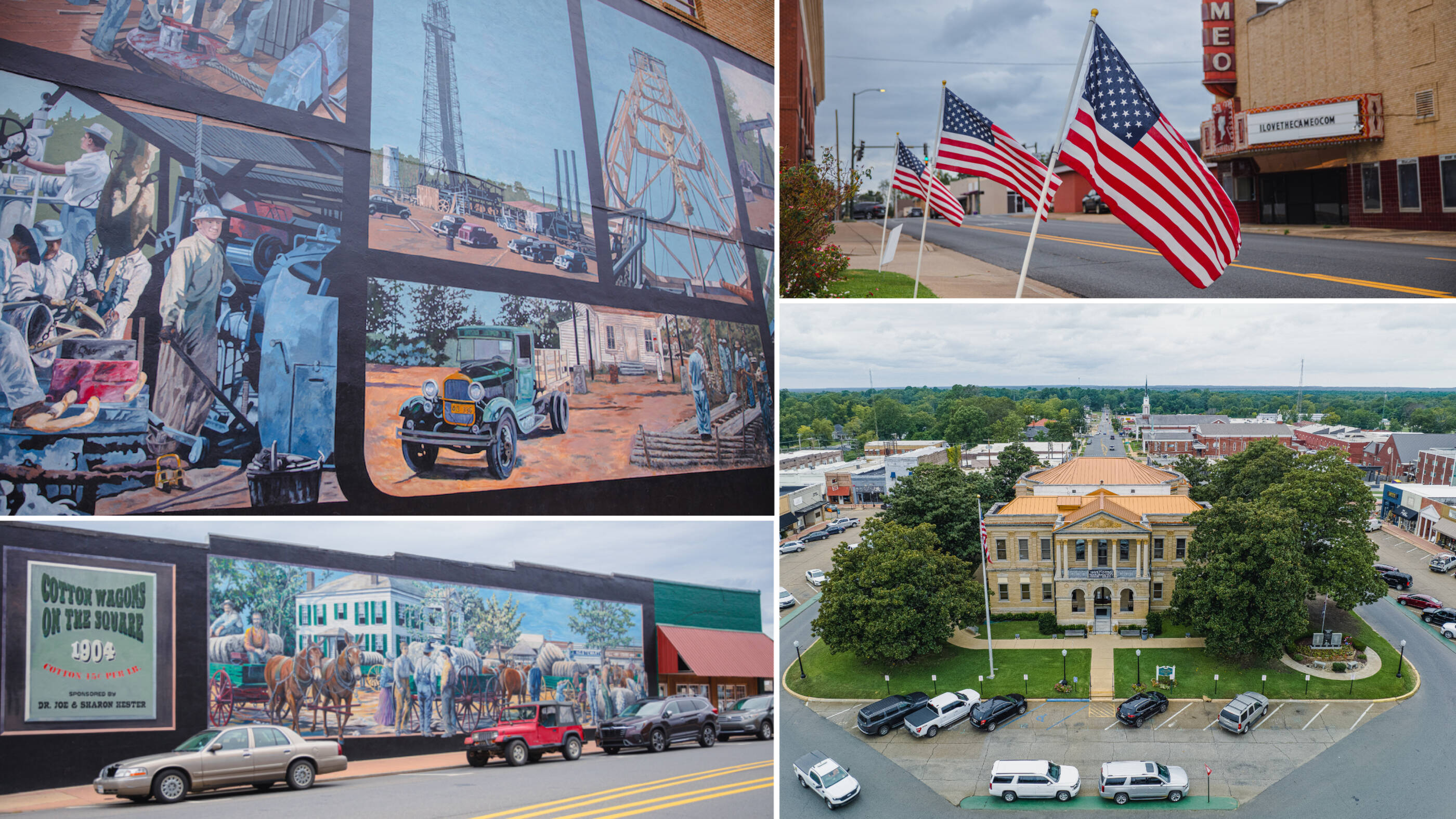 Collage showing downtown murals and American flags