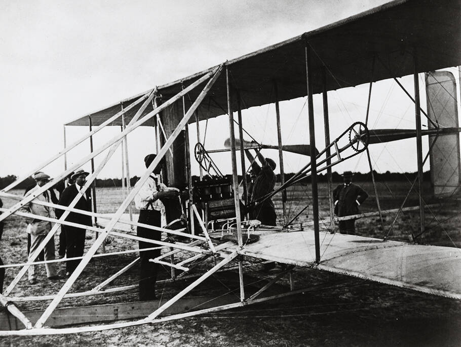 The Wright brothers, Wilbur and Orville, use both Jersey Standard fuel and Mobiloil (Vacuum) lubricants for their historic first flight at Kitty Hawk, North Carolina.
