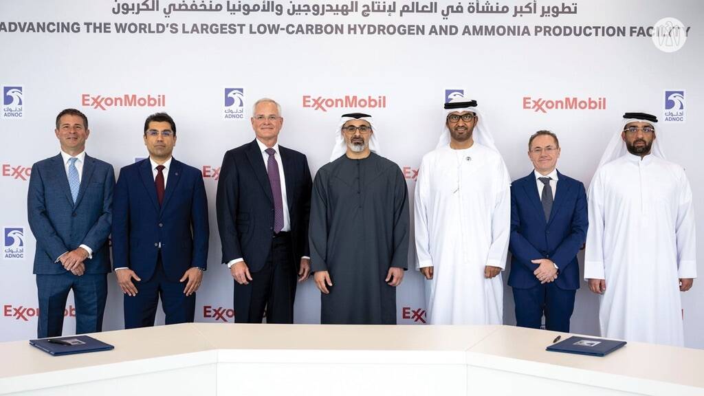 Image ExxonMobil and ADNOC executives at the signing ceremony in Abu Dhabi (left to right): Geoffrey Richardson, Mohammed Alamin, Darren Woods, H.H. Sheikh Khaled bin Mohamed bin Zayed Al Nahyan, H.E. Dr. Sultan Ahmed Al Jaber, Michele Fiorentino, Dr. Abdulla Humaid Al Jarwan